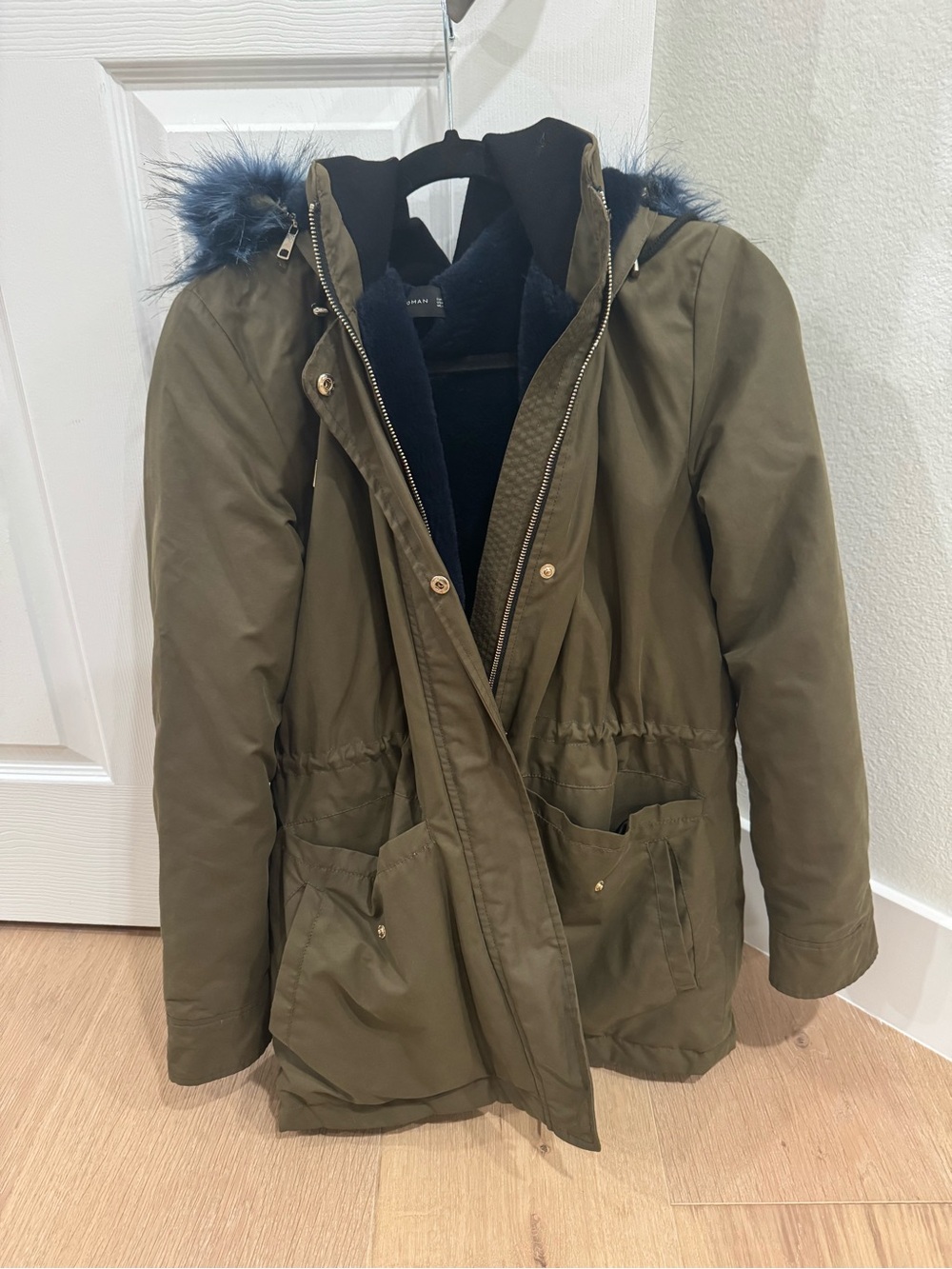Zara Olive Green Hooded Parka with Faux Fur Trim